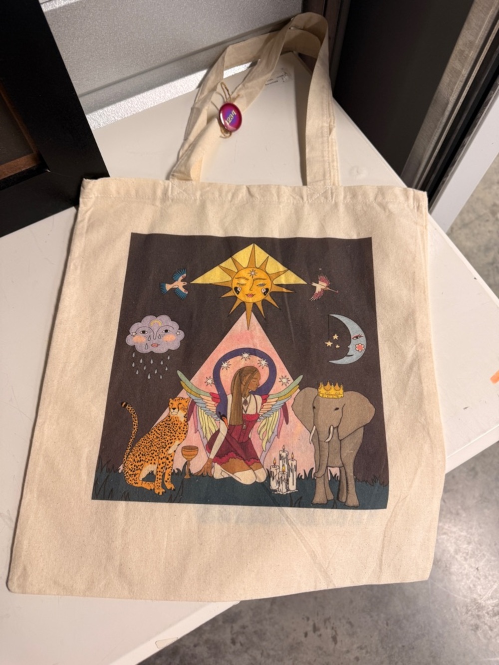 Canvas Tote Bag with Sun & Animal Illustration - Natural